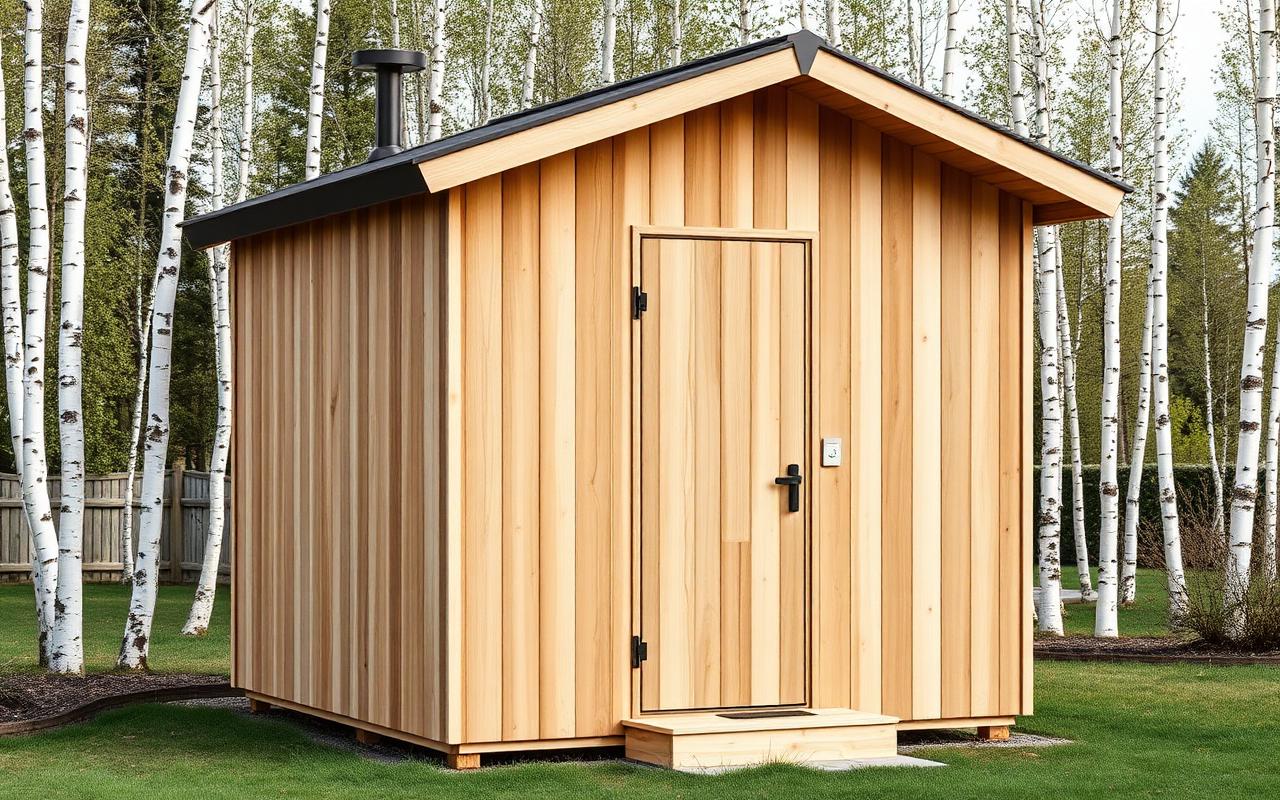 Klassisk panelt utebadstue — Classic panelled outdoor sauna
